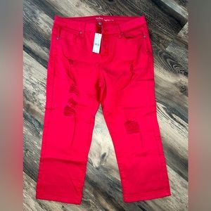 NWT New York and Co Jeans Womens Red Crop Distressed Stretch Soho